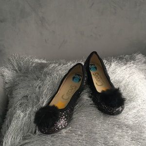 Girls 13 Black Multicolor Glitter Flats w Pom Poms